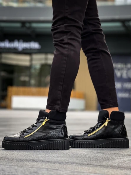 SNR-512 BOA Kalın Yüksek Siyah Taban Çift Fermuarlı Siyah Erkek Spor Bot - Resim 7