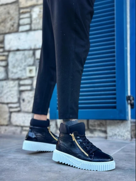 SNR-512 BOA Kalın Yüksek Taban Çift Fermuarlı Siyah Erkek Spor Bot - Resim 6