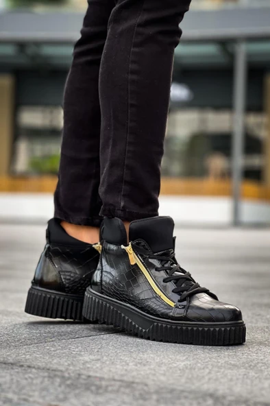 SNR-512 BOA Kalın Yüksek Siyah Taban Çift Fermuarlı Siyah Erkek Spor Bot ürün görseli