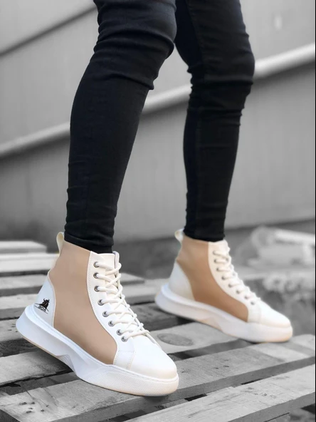 BA0256 Bağcıklı Erkek Yüksek Taban Beyaz Krem Taban Spor Bot - Resim 2