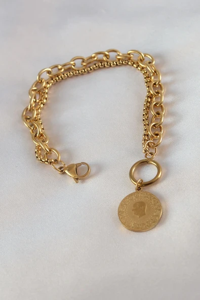 pilelistore 316L Çelik Gold Renk 2'li Zincir Model Çeyrek Altınlı Kadın Bileklik - TJ-BB5452