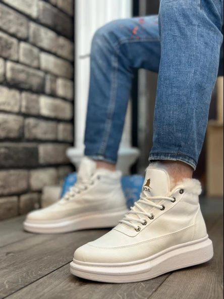 BA0151 İçi Kürklü Bağcıklı Beyaz Erkek Tarz Spor Bot - Resim 3