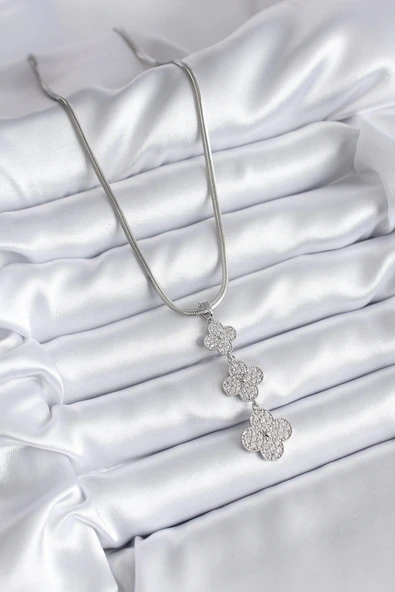 pilelistore 316L Çelik Gümüş Renk İtalyan Zincir Zirkon Taşı Yonca Model Kadın Kolye - TJ-BKO8152 - 2