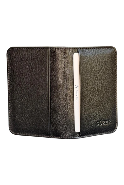 Siyah Hakiki Deri Mini Boy İkiye Katlanır Düz Model Kredi Kartlık - 3044-Siyah - Resim 2