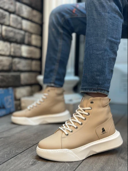 BA0155 Bağcıklı Erkek Yüksek Taban Krem Beyaz Taban Spor Bot - 2