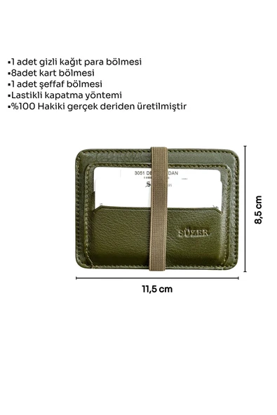 Haki Hakiki Deri Lastikli İkiye Katlanır Düz Model Mini Kredi Kartlık - 3051-Haki - Resim 5