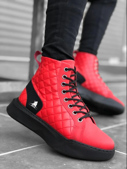 BA0159 Bağcıklı Kırmızı Kapitone Erkek Yüksek Taban Spor Bot - 2