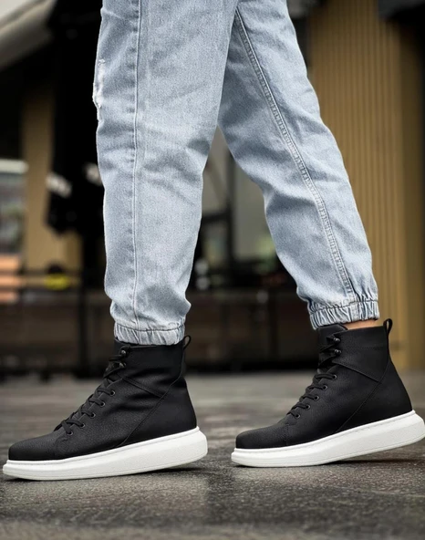 Knack Yüksek Taban Ayakkabı B-080 Siyah (Beyaz Taban) - Resim 4