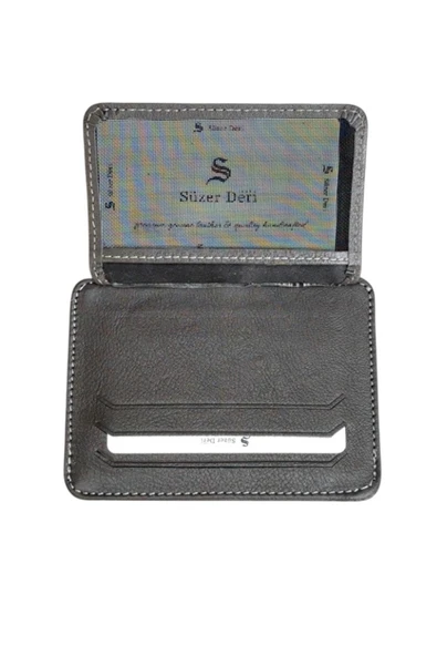 Gri Hakiki Deri Lastikli İkiye Katlanır Düz Model Mini Kredi Kartlık - 3051-Gri - Resim 3