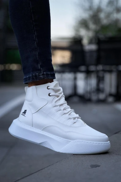 BA0318 Bağcıklı Erkek Yüksek Taban Beyaz Spor Bot - 2