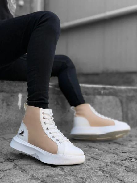 BA0256 Bağcıklı Erkek Yüksek Taban Beyaz Krem Taban Spor Bot ürün görseli