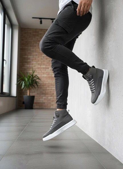 BA0321 Gizli Bağcıklı Erkek Füme Beyaz Taban Spor Bot - 4