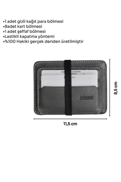 Gri Hakiki Deri Lastikli İkiye Katlanır Düz Model Mini Kredi Kartlık - 3051-Gri - Resim 5