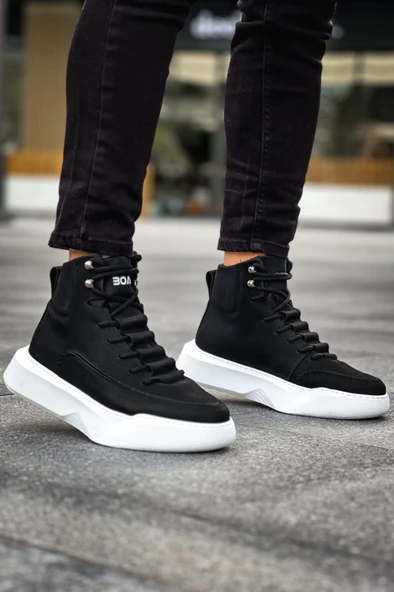 BA0321 Gizli Bağcıklı Erkek Yüksek Taban Siyah Beyaz Spor Bot - Resim 3