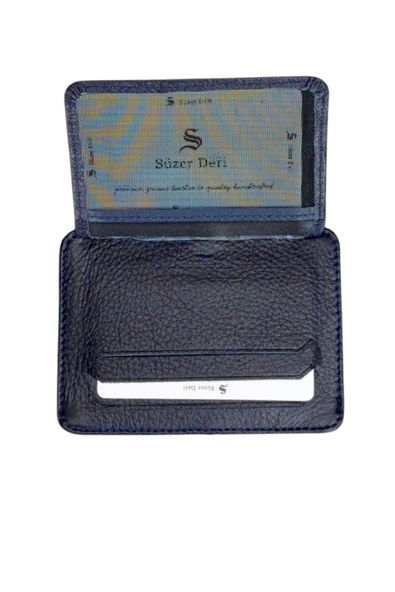 Lacivert Hakiki Deri Lastikli İkiye Katlanır Düz Model Mini Kredi Kartlık - 3051-Lacivert - Resim 3