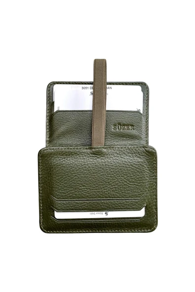 Haki Hakiki Deri Lastikli İkiye Katlanır Düz Model Mini Kredi Kartlık - 3051-Haki - Resim 3