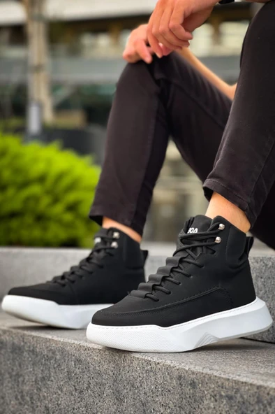 BA0321 Gizli Bağcıklı Erkek Yüksek Taban Siyah Beyaz Spor Bot ürün görseli