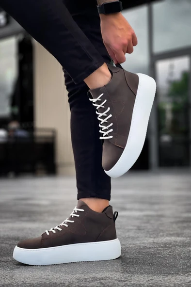 LE10 Bağcıklı Erkek Yüksek Beyaz Taban Kahverengi Spor Bot - 5