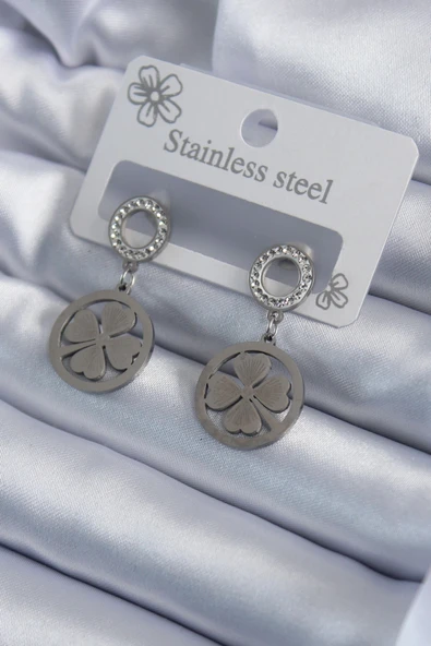 pilelistore 316L Çelik Gümüş Renk Zirkon Taşlı Yonca Model İşleme Detay Kadın Küpe - TJ-BKP7934