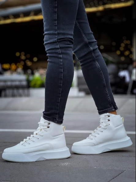 BA0321 Gizli Bağcıklı Erkek Yüksek Taban Beyaz Spor Bot - Resim 7