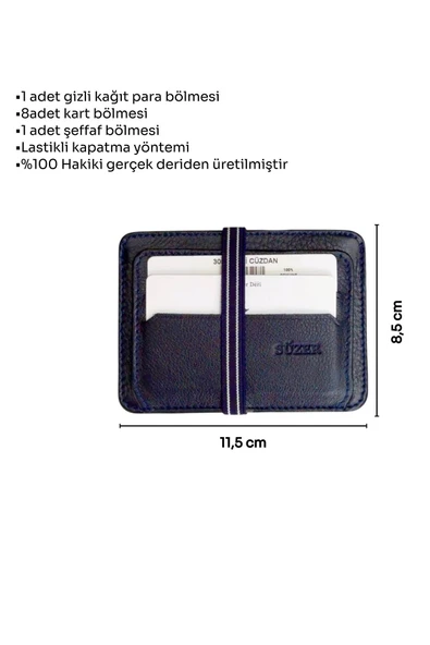 Lacivert Hakiki Deri Lastikli İkiye Katlanır Düz Model Mini Kredi Kartlık - 3051-Lacivert - Resim 5