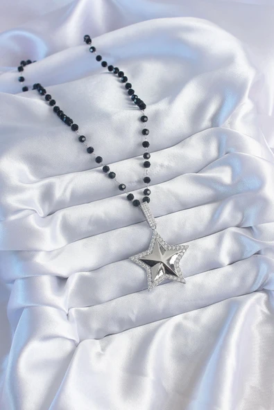 pilelistore Gümüş Renk Siyah Boncuk Zirkon Taşlı Pirinç Yıldız Model VİP Seri Kadın Kolye - TJ-BKO8016 - Resim 2