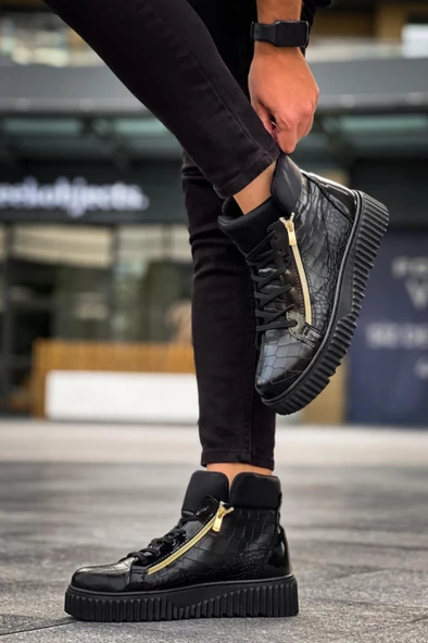 SNR-512 BOA Kalın Yüksek Siyah Taban Çift Fermuarlı Siyah Erkek Spor Bot - Resim 6