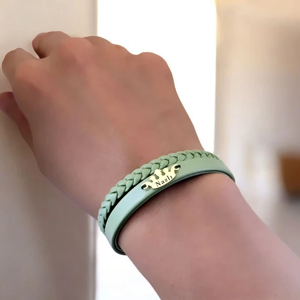 14 Ayar Altın Plakalı İsme Özel Taç Figürlü Doğal Yeşil Derili Hediye Bileklik-640 - Resim 2