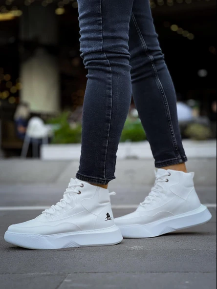 BA0318 Bağcıklı Erkek Yüksek Taban Beyaz Spor Bot - 4