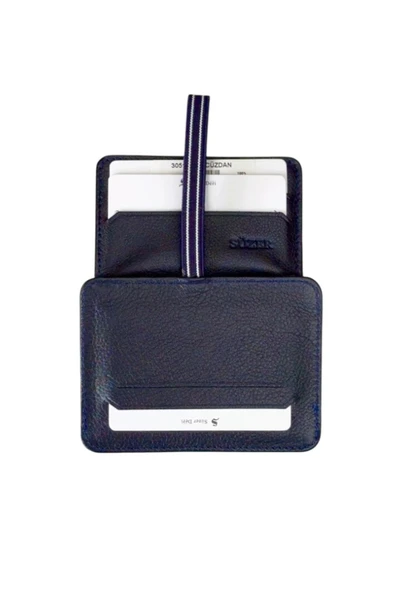 Lacivert Hakiki Deri Lastikli İkiye Katlanır Düz Model Mini Kredi Kartlık - 3051-Lacivert - Resim 2