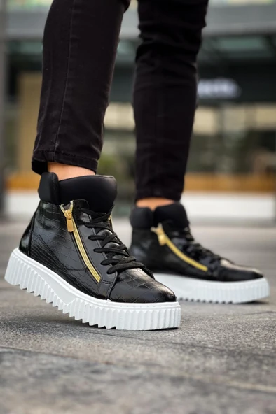 SNR-512 BOA Kalın Yüksek Taban Çift Fermuarlı Siyah Erkek Spor Bot - Resim 7