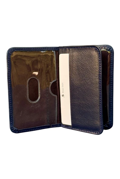 Lacivert Hakiki Deri Mini Boy İkiye Katlanır Düz Model Kredi Kartlık - 3044-Lacivert - Resim 4