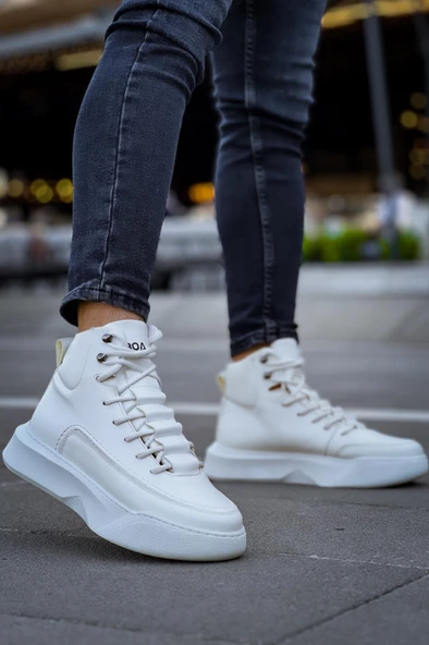 BA0321 Gizli Bağcıklı Erkek Yüksek Taban Beyaz Spor Bot - Resim 5