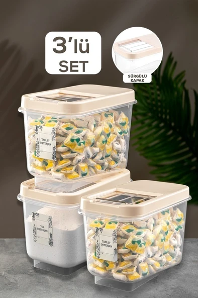 Meleni Home 3'lü Mega Boy 10 Lt Kayar Kapaklı Deterjan Saklama Kabı - Tablet Deterjan Saklama Kutusu