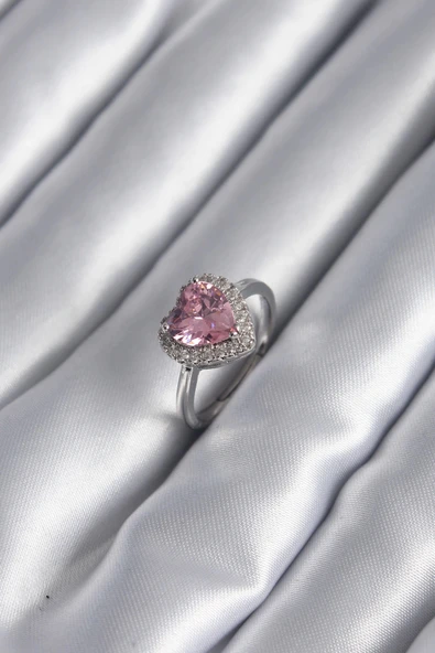 pilelistore Pirinç Gümüş Renk Pembe Zirkon Taş Kalp Charm Model Kadın Yüzük - TJ-BYK2954