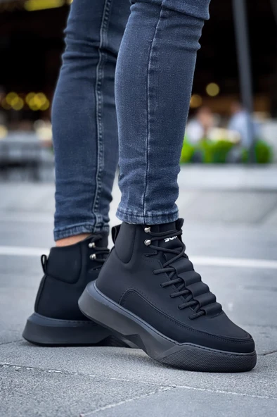 BA0321 Gizli Bağcıklı Erkek Yüksek Taban Siyah Spor Bot - Resim 5