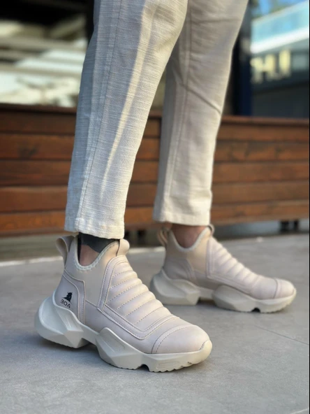 BA0401 Bağcıksız Rahat Yüksek Taban Krem Erkek Spor Yarım Bilek Bot - 3