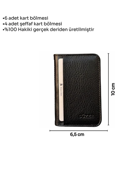 Siyah Hakiki Deri Mini Boy İkiye Katlanır Düz Model Kredi Kartlık - 3044-Siyah - Resim 5