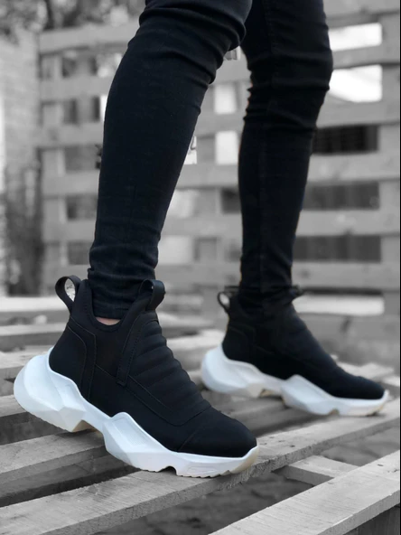 BA0401 Bağcıksız Rahat Yüksek Taban Siyah Erkek Spor Yarım Bilek Bot - 3