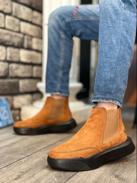 BA0150 Bağcıksız Erkek Taba Süet Siyah Yüksek Taban Spor Bot - Resim 2