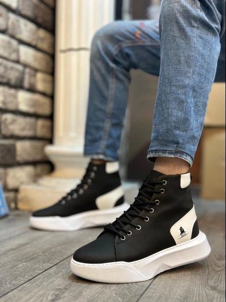 BA0155 Bağcıklı Erkek Yüksek Taban Siyah Beyaz Siyah Taban Spor Bot - Resim 2