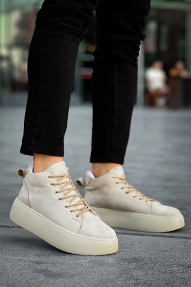 LE10 Bağcıklı Erkek Yüksek Taban İthal Süet Krem Spor Bot - Resim 2