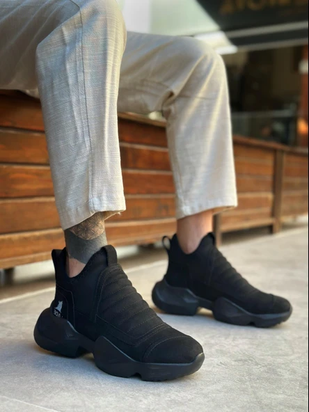 BA0401 Bağcıksız Rahat Yüksek Siyah Taban Siyah Süet Erkek Spor Yarım Bilek Bot - Resim 3