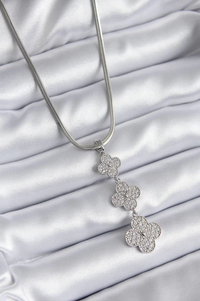 pilelistore 316L Çelik Gümüş Renk İtalyan Zincir Zirkon Taşı Yonca Model Kadın Kolye - TJ-BKO8152