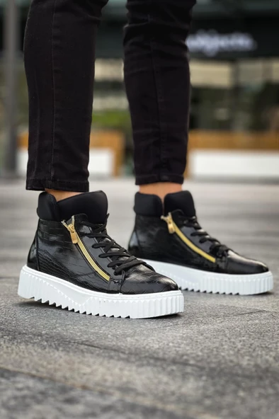 SNR-512 BOA Kalın Yüksek Taban Çift Fermuarlı Siyah Erkek Spor Bot - Resim 8