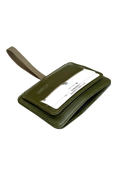 Haki Hakiki Deri Lastikli İkiye Katlanır Düz Model Mini Kredi Kartlık - 3051-Haki - Resim 4