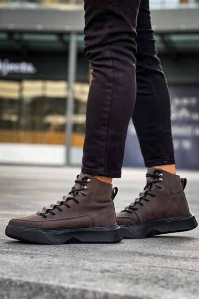 BA0321 Gizli Bağcıklı Erkek Yüksek Taban Kahverengi Spor Bot - 4