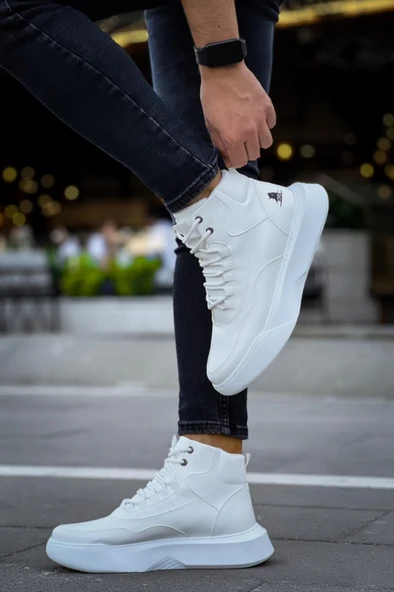 BA0318 Bağcıklı Erkek Yüksek Taban Beyaz Spor Bot - 5