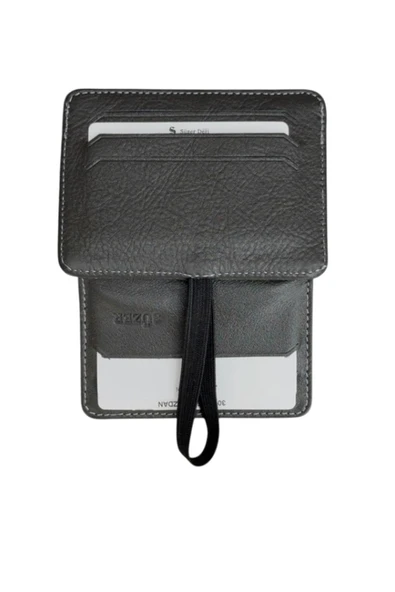 Gri Hakiki Deri Lastikli İkiye Katlanır Düz Model Mini Kredi Kartlık - 3051-Gri - Resim 2