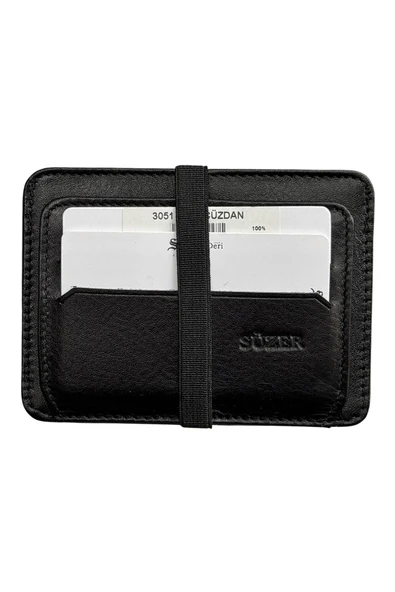 Siyah Hakiki Deri Lastikli İkiye Katlanır Düz Model Mini Kredi Kartlık - 3051-Siyah ürün görseli